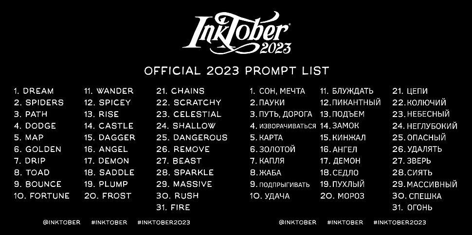 Официальный список тем inktober 2023 с переводом на русский язык