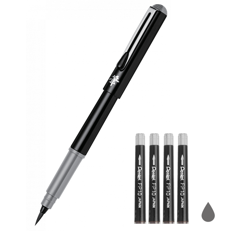 Ручка-кисть для каллиграфии Pentel Pocket Brush Pen черный корпус серая + 4 картриджа
