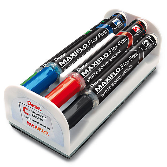 Набор маркеров для белой доски Pentel Maxiflo Flex Feel 1-5мм 4 цвета + магнитная губка