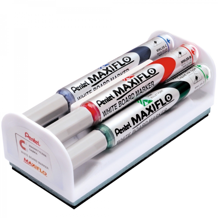 Набор маркеров для белой доски Pentel Maxiflo 4мм 4 цвета + магнитная губка
