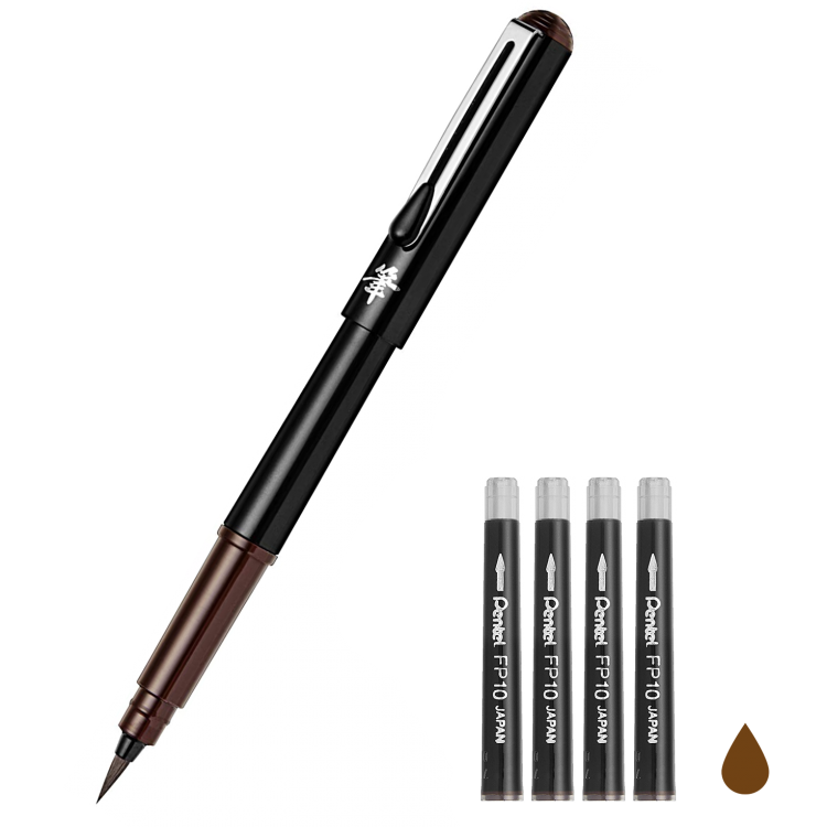 Ручка-кисть для каллиграфии Pentel Pocket Brush Pen черный корпус сепия + 4 картриджа